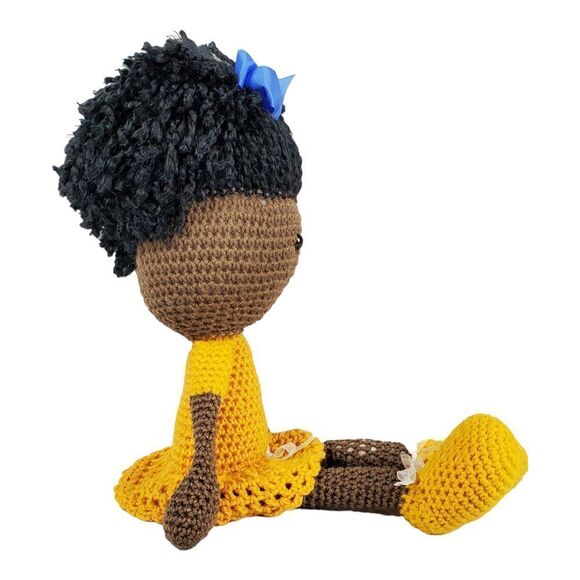 Black African American Handmade Crochet Doll Yellow Dress Bow Long Floppy 26" - Picture 3 of 9